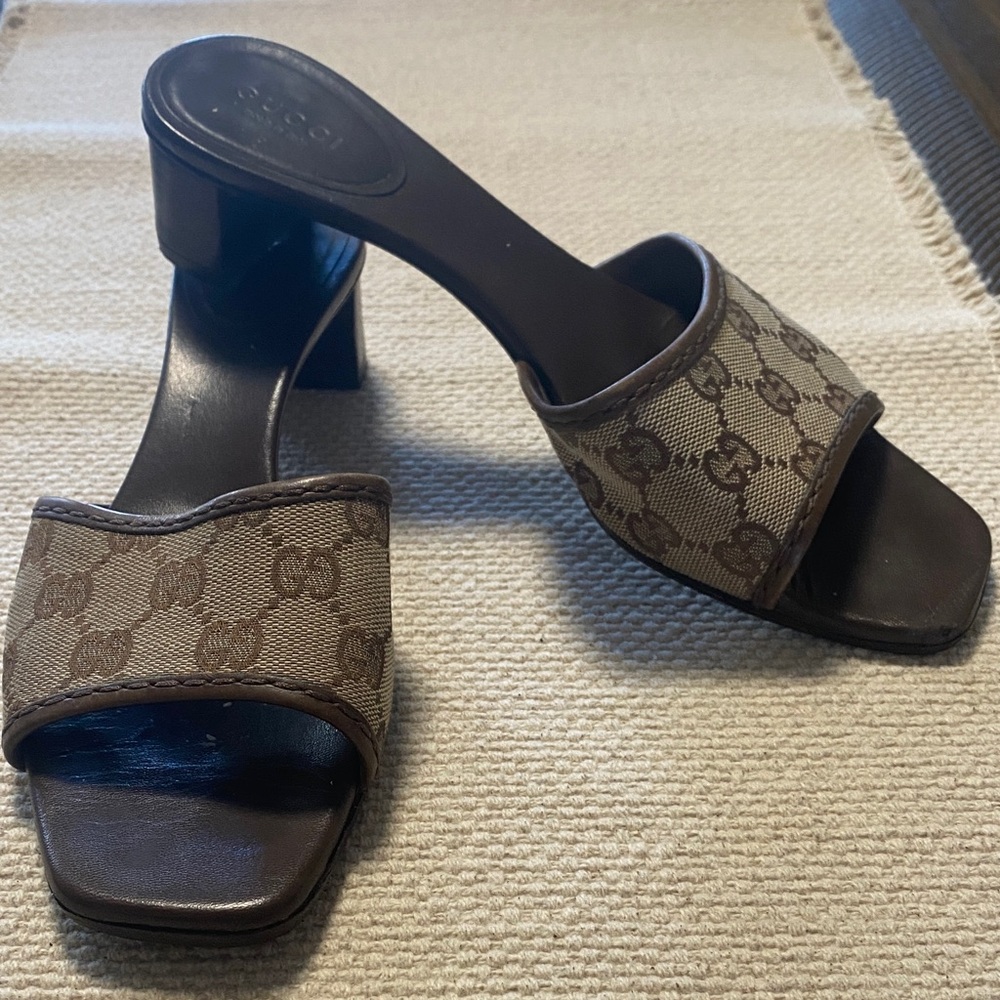 Gucci Brown Monogram Slip On Kitten Heels